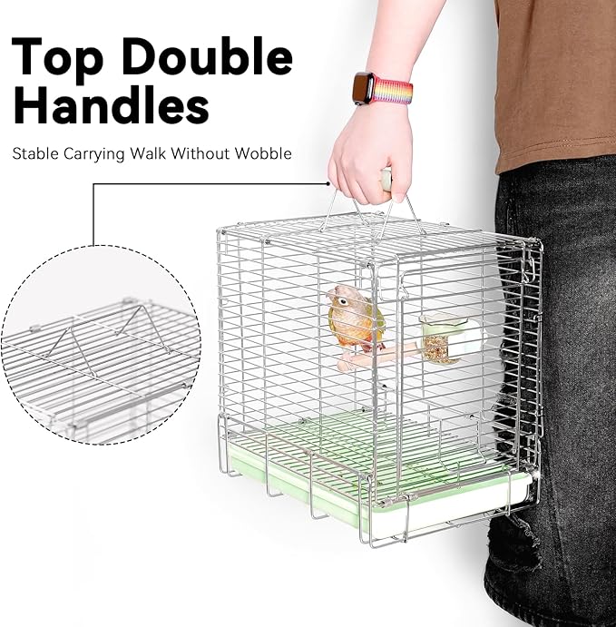 Bird Carrier Travel Cage - 304 Stainless Steel Portable Folding Bird Travel Cage with Parrot Feeder Cups & Standing Perch for Smaller Birds Conures Lovebird Cockatiel Parakeets (Green)