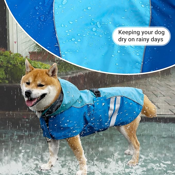 Dog Raincoat for Medium Large Extra Large Dogs, Waterproof Rain Jacket with Reflective Strap, Lightweight Hoodies Full-Body Coverage Dry Clothes (2XL, Blue)