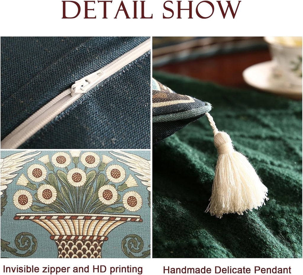 Rectangle Throw Pillow Covers,French Green Farmhouse with White Birds and Flowers Pattern Linen Pillowcases,Decor Lumbar Pillows Cushion Covers for Couch Sofa Bed Chair,12x20 Inches