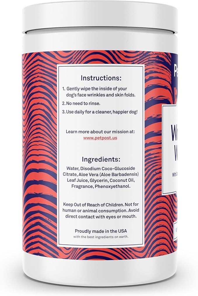 Petpost Large Wrinkle Wipes for Dogs | 60 Count 5x7 Dog Face & Wrinkle Cleaner | Gentle Pet Wipes with Coconut Oil & Aloe for Bulldogs, Pugs & Wrinkly Breeds | Dog Cleaning Wipes