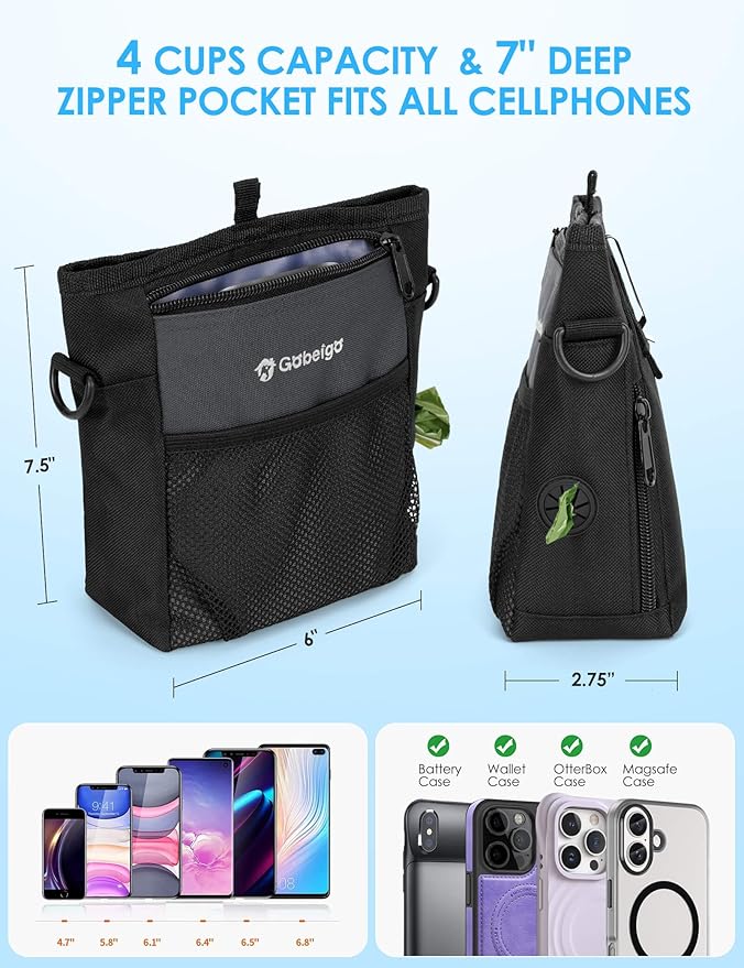 Gobeigo Dog Treat Pouch with Silicone Snack Bag, Front Pocket fits All Phones, 4 Cup Treat Bag with Training Clicker, Upgrade Stronger Magnetic Closure, 3 Ways to Wear Walking Fanny Pack (Gray)