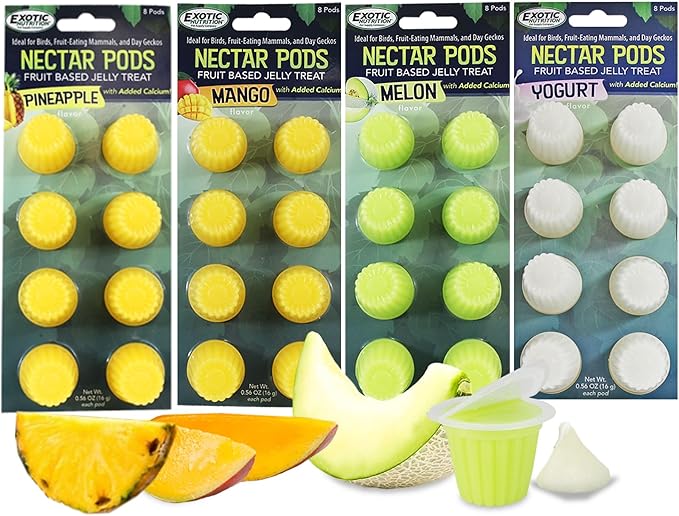 Nectar Pods (Variety 4 Pack) - Calcium-Fortified Jelly Fruit Treat - Sugar Gliders, Marmosets, Squirrels, Parrots, Cockatiels, Parakeets, Birds, Hamsters, Day Geckos, Kinkajous & Other Small Pets