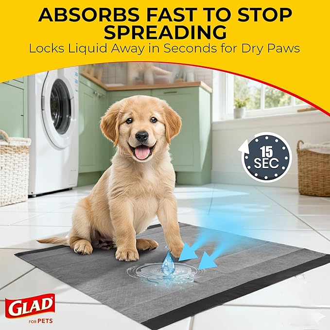 Glad for Pets Black Charcoal Puppy Pads - Super Absorbent Disposable Dog Pee Pads, Potty Training Pads, and Pet Supplies - Dog Pee Pads for Crate Training and Indoor Use 23" x 23" - 50 Count