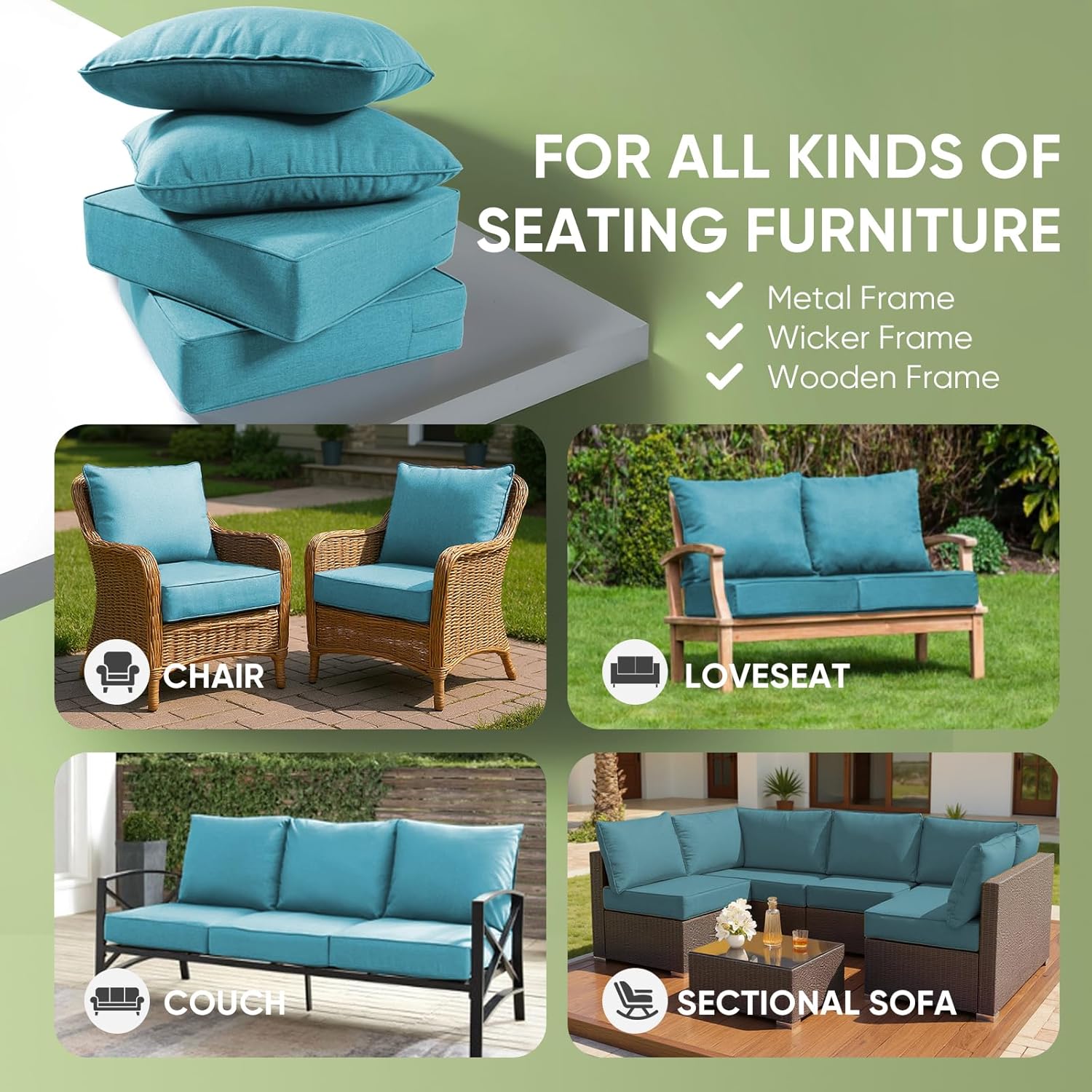 Outdoor Chair Cushions, 6 inch Thick Seat Cushion for Outdoor Furniture, Waterproof 22x24 Patio Furniture Cushions, Patio Couch Cushions Replacement, Include 2 Back & 2 Seat Cushion, Thick/CyanBlue