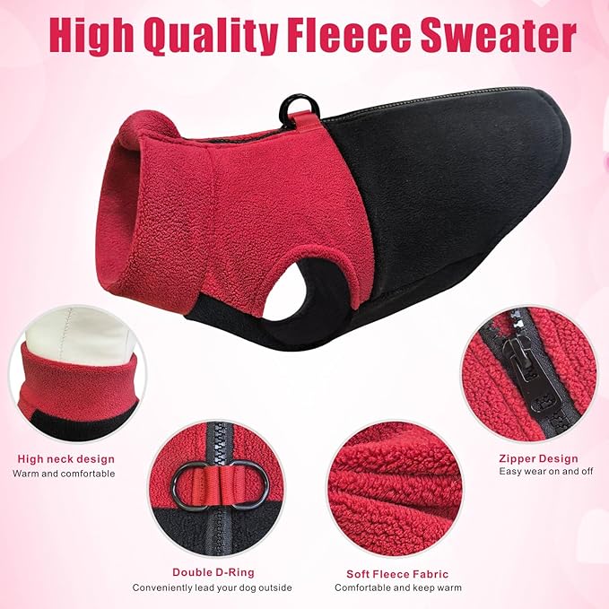Idepet Dog Fleece Vest Sweater Zip Up Warm Pullover Dogs Jacket with D-Ring Leash Winter Cold Weater Coat Pet Sweatershirt Clothes Hoodie for Small Medium Dogs Boy Girl (Red/Black, XL)