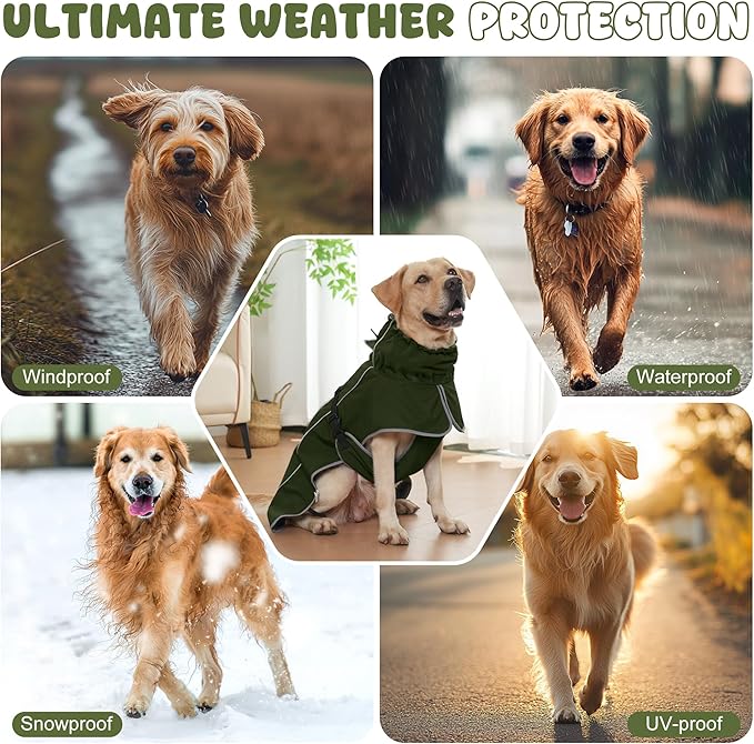 Dog Raincoat, Waterproof Dog Coat with Reflective Straps, Leash Hole & Polar Fleece Lining, Winter Snow Rain Coat for Small, Medium & Large Dogs, Warm, Windproof Vest Jackets