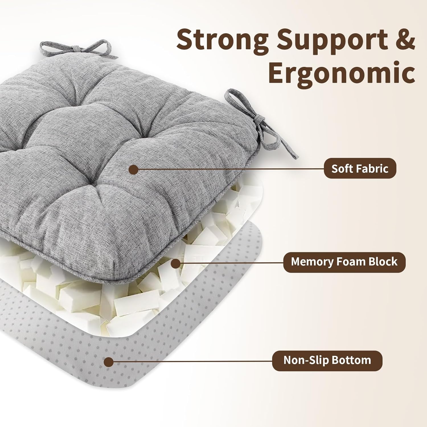 Chair Cushions for Dining Chairs, Tufted Foam Kitchen Chair, Non-Slip Seat Cushions with Ties Set of 4, 15.5" x 15.5" x 4", Grey