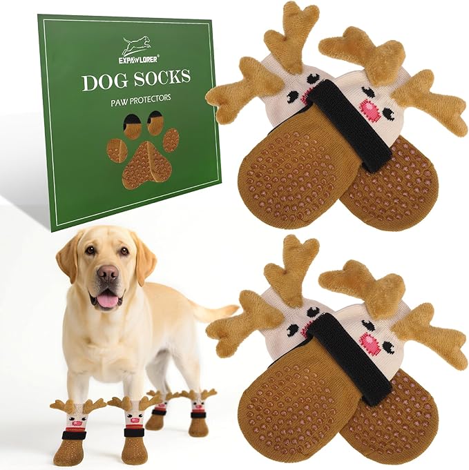 EXPAWLORER Christmas Anti Slip Dog Socks to Prevent Licking Paws, Boots & Paw Protectors with Grippers,Doggie Booties for Hardwood Floors for Small Medium Large Senior Dogs Lifelike Costume Reindeer L