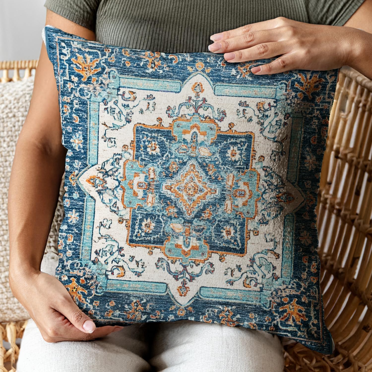 Bohemian Pillow Covers | Vintage Floral & Carpet Design | Double Sided Blue White Decorative Pillowcases for Couch, Bed | Indoor Outdoor Boho Home Decor (Blue&Yellow, 18x18inches)