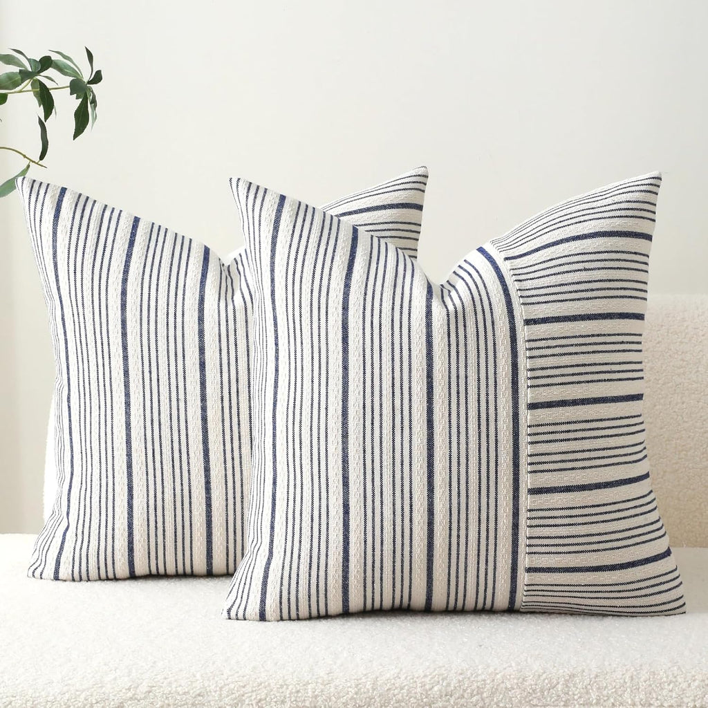 DWR Striped 3D Textured Weave Throw Pillow Covers 18x18 Set of 2, Polyester Cotton Blend in Navy, Modern Farmhouse Decorative Pillow Cases for Couch Sofa Bed Living Room