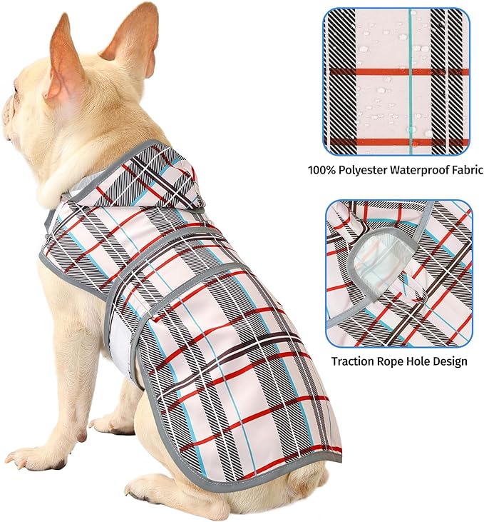 Dog Raincoat for Medium Dogs Waterproof Hooded Rain Jacket with Reflective Strips Leash Hole & Poncho Adjustable Fit (Plaid,M)