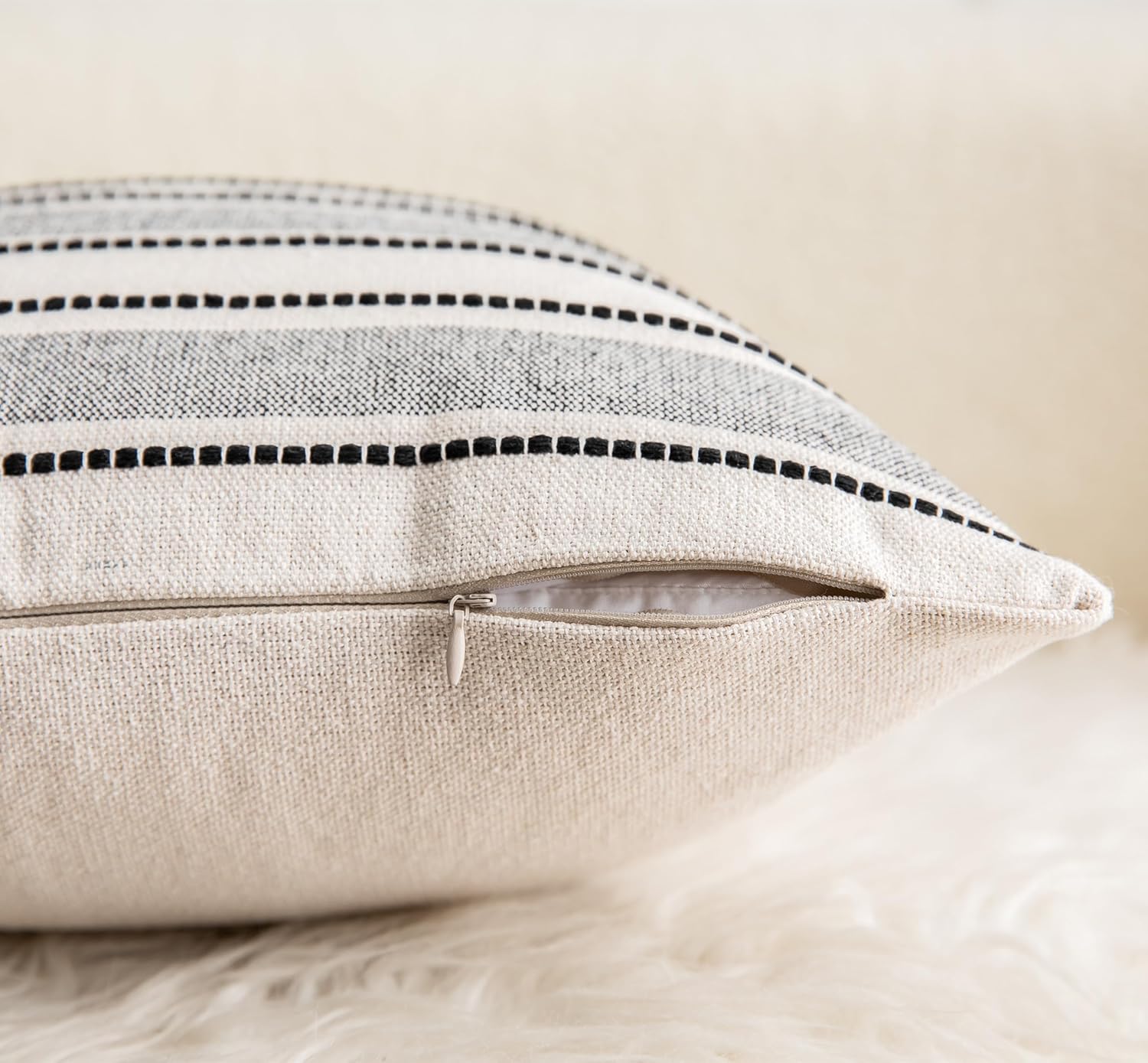 Decorative Boho Throw Pillow Covers, Farmhouse Textured Pillow Case, 22 x 22 Inch Set of 2, Chair Sofa Bedroom Living Room Home Decor Couch Cushion Case, Black and Beige Striped