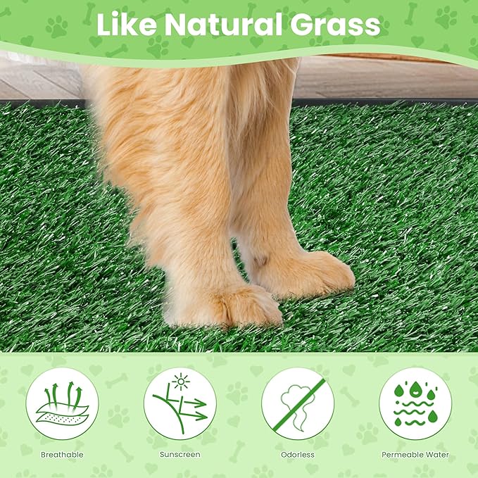 Dog Grass Pad with Tray, Dog Grass Potty Patch Bathroom Mat, Washable Pee Pad for Puppy Training, Dog Litter Box, Portable Perfect Indoor Outdoor Use, 2 Reusable Artificial Turf, 20x25inch