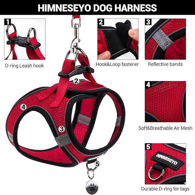 Dog Harness and Leash Set, Dog Harness for Dogs No Pull, No-Chock Step-in Reflective Breathable Lightweight Easy Walk Vest Harnesses with Safety Buckle for Small Medium Dogs, Cats (Red, XS)