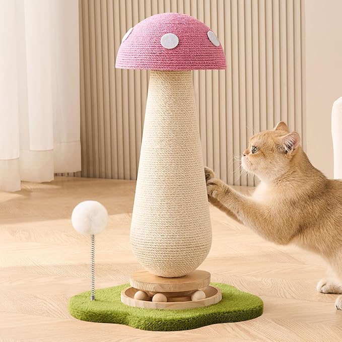 21.5‘’ H Cat Scratching Post with Catnip,Cute Mushroom Cat Scratcher Post with Durable Natural Solid Wood Turntable Toy,Baby Pink Mushroom Shape Design Cat Toy Cat Sisal Scratcher for Indoor Cats