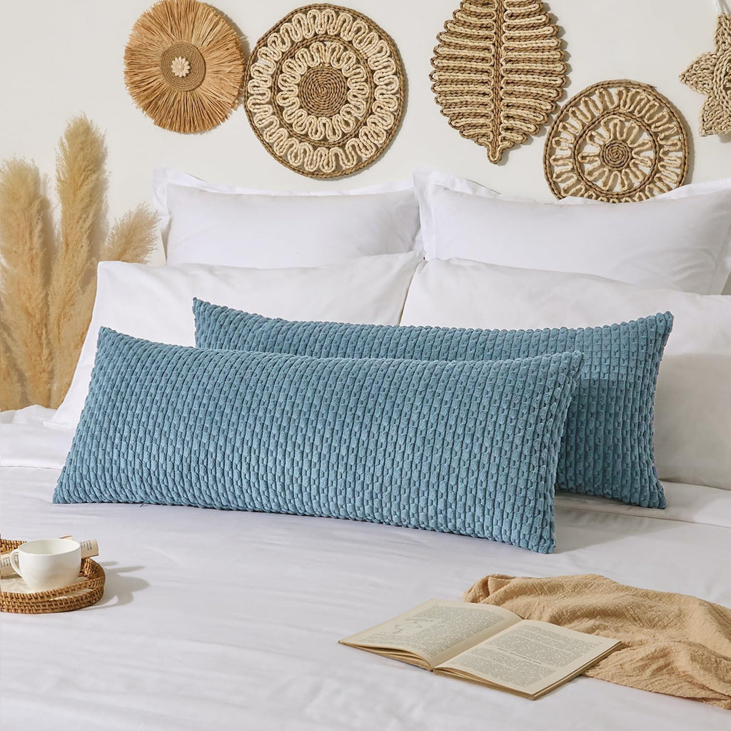 Kevin Textile 14x36 Inch Long Lumbar 1 Pack Boho Decorative Throw Pillow Cover Soft Striped Corduroy Rectangle Cushion Case Farmhouse Solid Color Accent for Living Room Couch Sofa Bed, Blue Grey