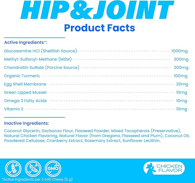 Advanced Hip and Joint Supplement for Dogs- Glucosamine for Dogs with MSM, Chondroitin, Natural Anti-Inflammatory Formula for Optimal Mobility Support Fit All Breeds- 120 Chew