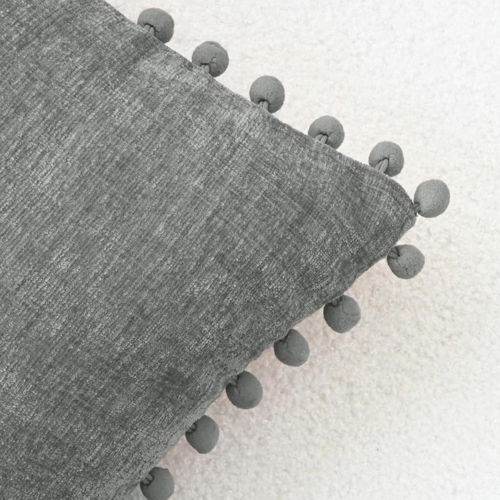 CaliTime Throw Pillow Covers Decorative 22 X 22 Inches Pack of 2 Cozy Solid Dyed Soft Chenille Cushion Cases with Pom Poms for Couch Sofa Bed Living Room Home Medium Grey