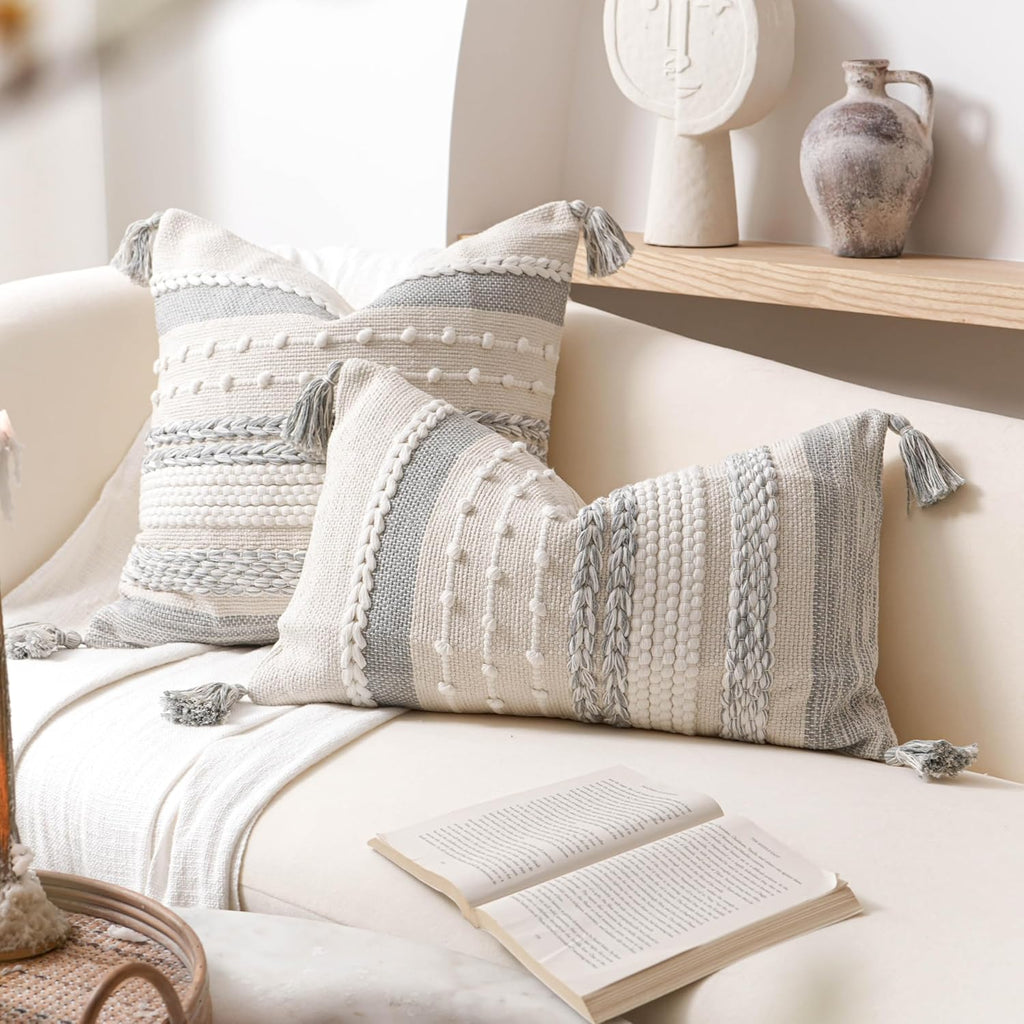 BlissBlush Gray Decorative Lumbar Pillow Cover 14x24, Grey Boho Long Body Pillow for Bed, Farmhouse Lumbar Throw Pillow for Couch, Modern Accent Textured Throw Pillowcase