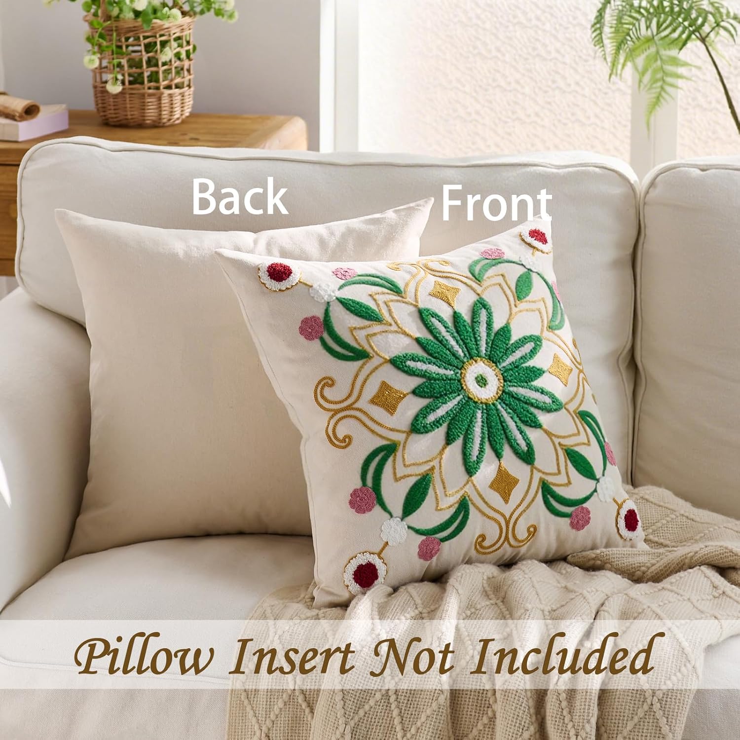 Embroidered Throw Pillow Cover 20x20 Classic Boho Floral Pattern Pillows Cover Outdoor Decorative Pillowcase,Durable Cozy Textured Cushion Case for Sofa Couch Bed Living Room,Green Yellow