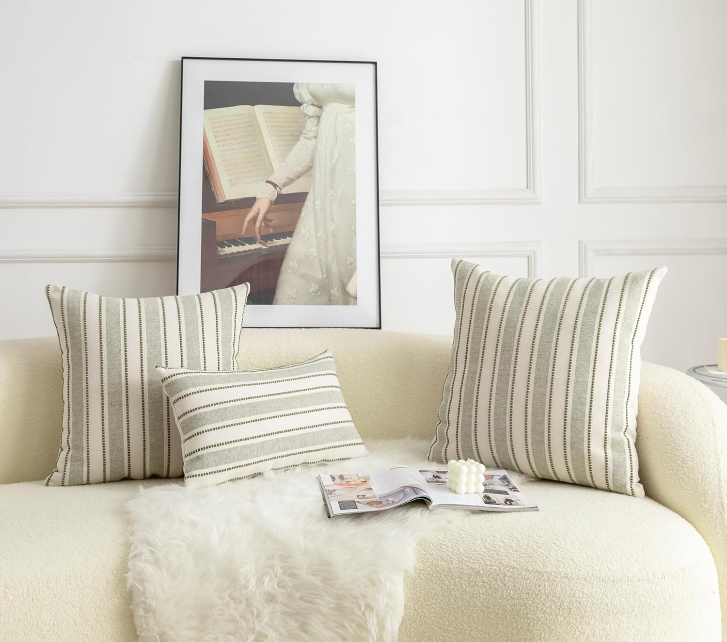 Decorative Boho Lumbar Throw Pillow Covers, Farmhouse Textured Pillow Case, 12 x 20 Inch Set of 2, Chair Sofa Bedroom Living Room Home Decor Couch Cushion Case, Olive Green and Beige