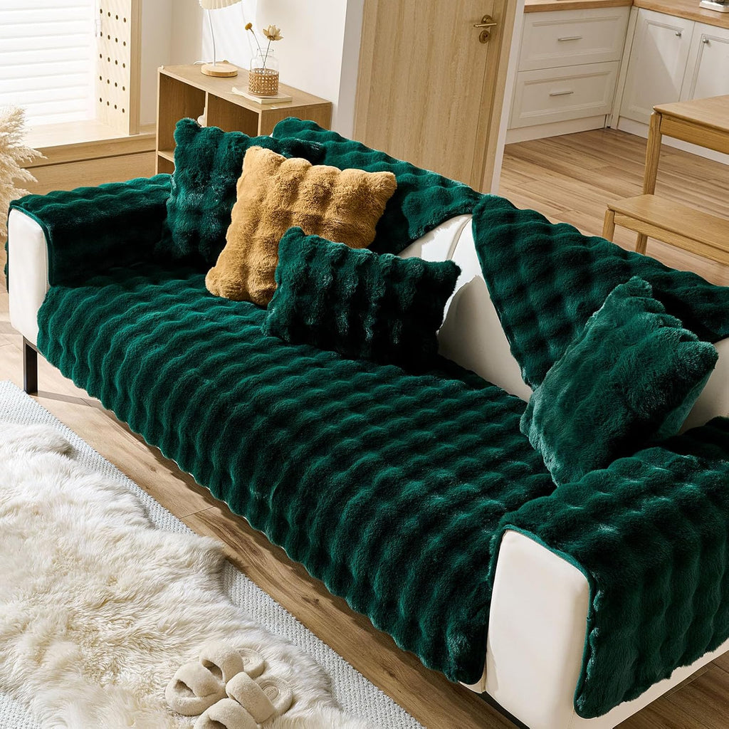 Christmas Faux Fur Armrest Cover Backrest Cover Fuzzy Plush Thick Bubble Sofa Cover Luxury Soft Cozy Couch Cover Anti-Slip Sofa Slipcover Washable Furniture Protector (Dark Green,28"x28")