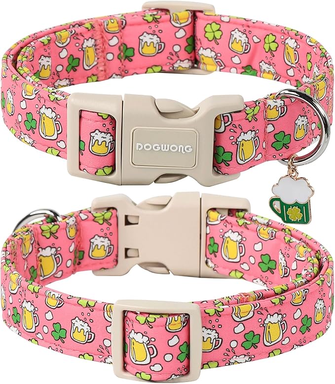 DOGWONG St. Patrick's Day Dog Collar, Pink Green Clover Dog Collars, Adjustable St. Patrick's Day Pet Collars Beer Dog Collar with Quick Release Buckle for Girl Female Dogs