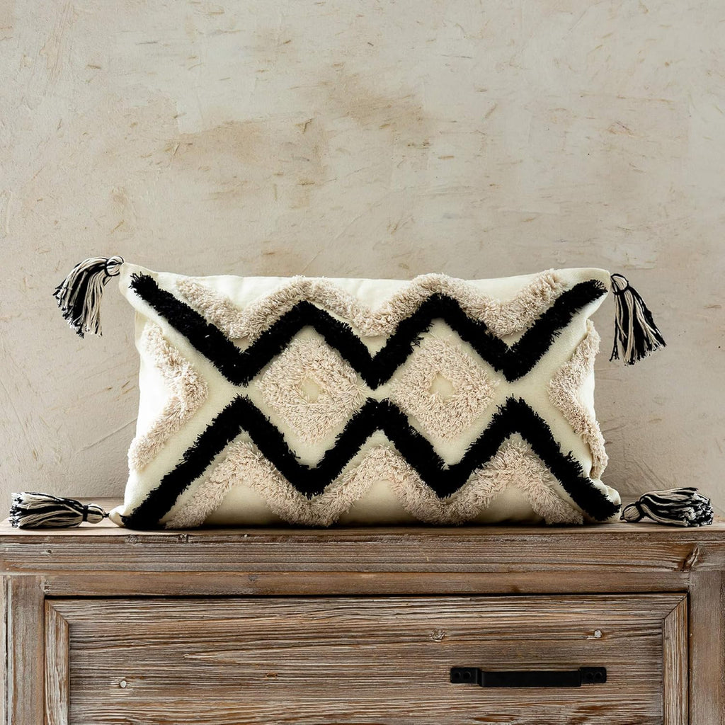 Woven Tufted Boho Lumbar Throw Pillow Cover, Modern Decorative Geometric Chevron Cushion with Tassels, Farmhouse Tribal Pillowcase for Couch Sofa Bedroom Living Room, 12 x 20 Inches, Black, Ivory