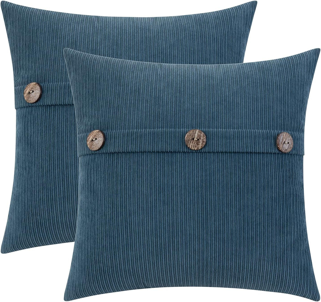 HWY 50 Blue Chenille Throw Pillow Covers 18x18 Inch with Triple Buttons, Soft Farmhouse Accent Decorative Cushion Cases for Couch Sofa Bed Living Room Pack of 2