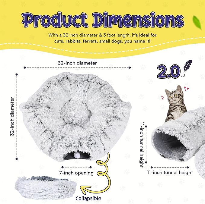 Cat Tunnel Bed Cave with Catnip Toys - Peekaboo Cat Hideaway & Cat Donut Tunnel - 3-in-1 Cat Tunnels for Indoor Cats - Foldable Cute Cat Bed - 32" Washable