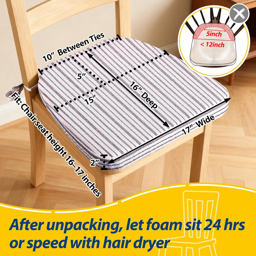 AAAAAcessories D-Shaped Chair Cushions, 2" Thick Dining Chair Pads with Ties and Removable, Machine-Washable Cover, 17" x 16", Set of 8, Pinstripe Brown