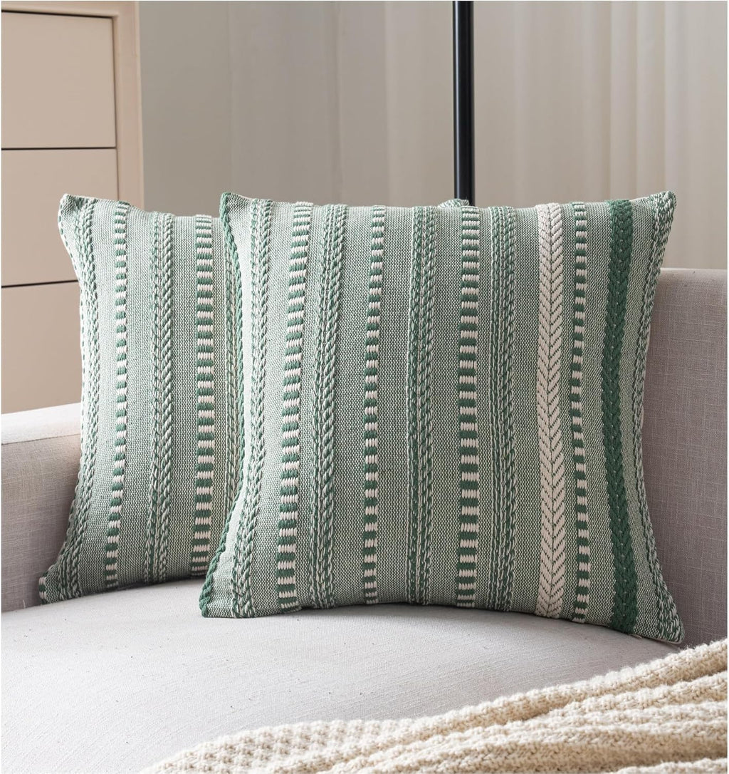Boho Throw Pillow Covers 22x22 Inch Set of 2, Farmhouse Decorative Couch Pillow Cases, Light Green Accent Pillows of Bed, Sofa Bedroom Living Room Home Decor Cushion Cover