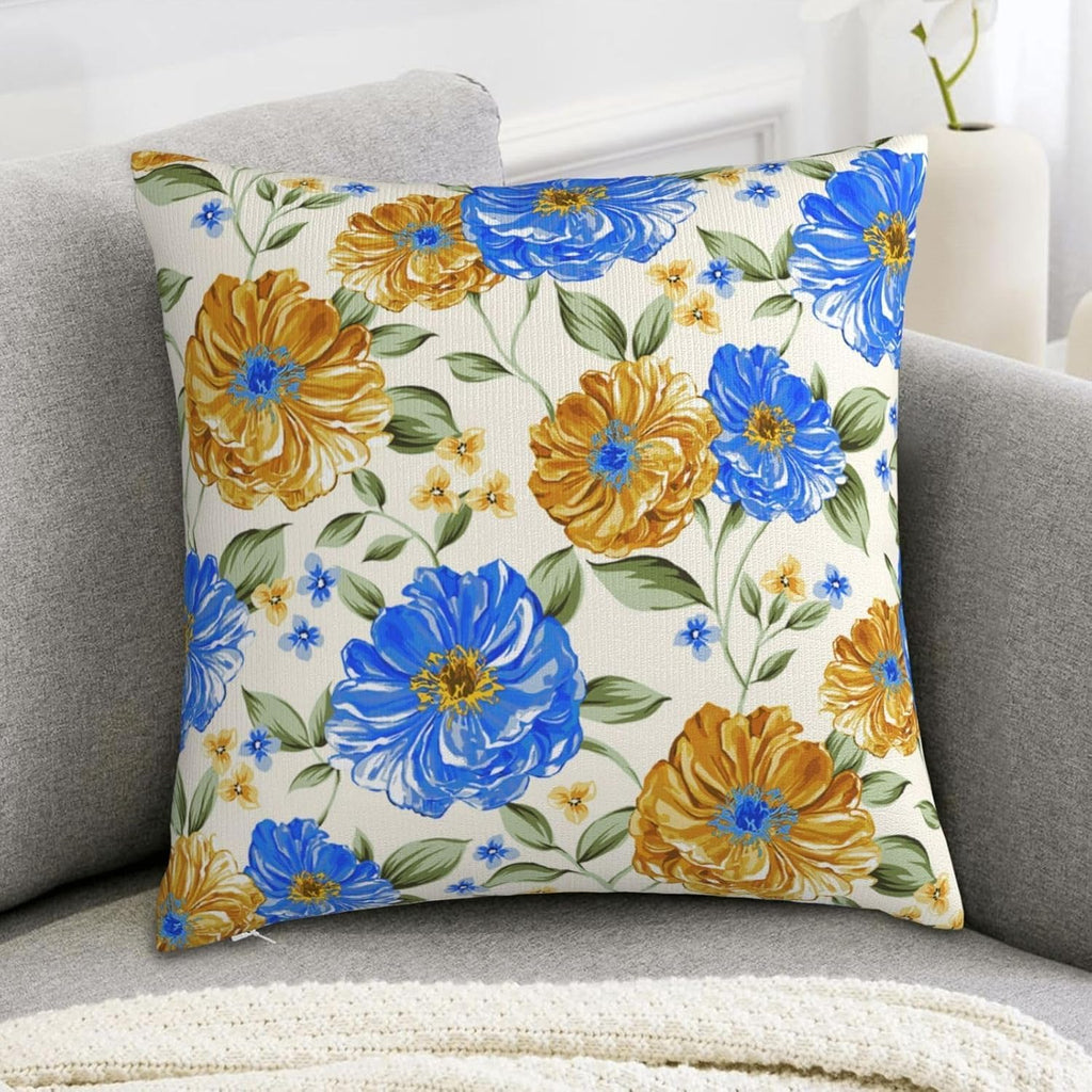 Blue and Yellow Floral Throw Pillow Covers 18x18 Inch Set of 2, Decorative Blue Gold Flowers Pillows, Modern Boho Square Cushion Covers for Office Couch Sofa Bedroom Living Room Farmhouse Home Decor