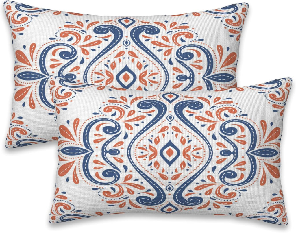 Throw Pillow Covers Blue and Orange Floral Pillow Covers 20x12 Inch Set of 2 Vintage Paisley Throw Pillows Decorative Pillow Cases Cushion Covers for Bedroom Livingroom Sofa Farm House