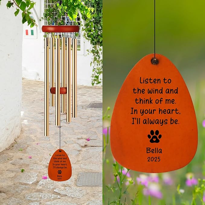 Personalized Pet Memorial Wind Chimes Outside Garden Decor, 32 inch 37 inch Large-Sized Wind Chimes, Custom Sympathy Gift for Loss of Dog Cat (Golden)