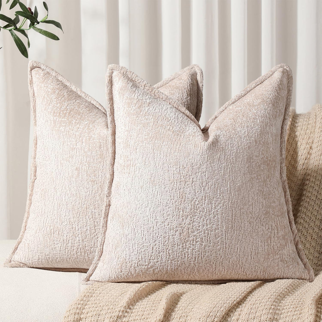 Pack of 2 Tan Decorative Throw Pillow Covers 18x18 Cozy Soft Chenille Accent Vintage Square Couch Pillow Covers for Home Decor Bed Sofa Living Room
