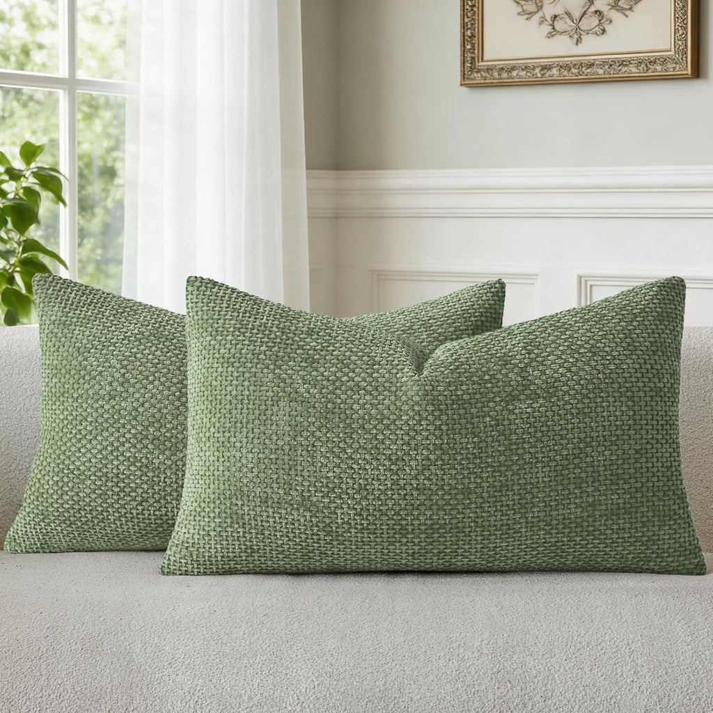 a moment Moss Green Chenille Throw Pillow Covers 12x20 Inch Pack of 2 Modern Decorative Throw Pillow Covers Farmhouse Cross Covers Home Decor for Sofa Bedroom Living Room