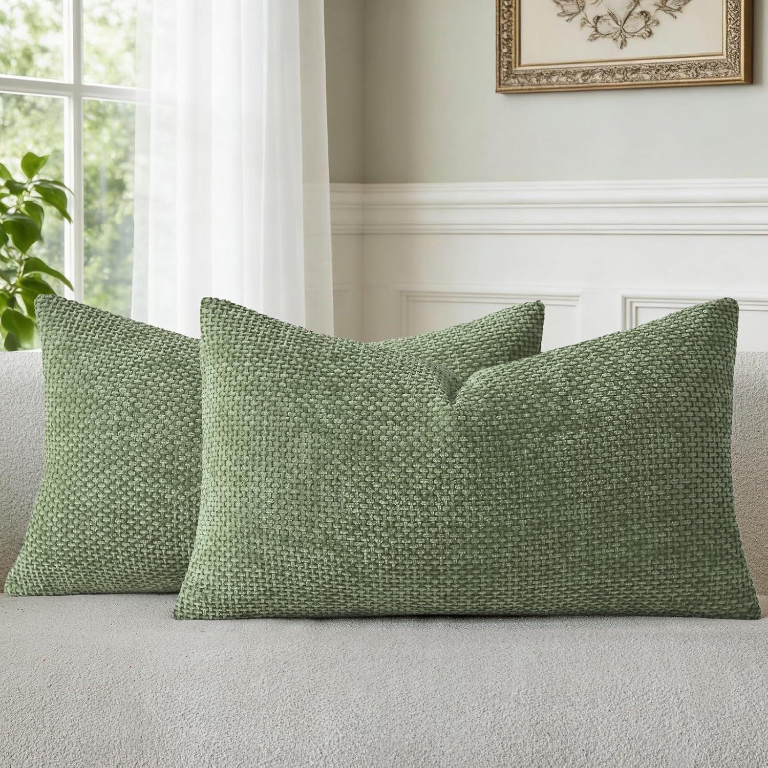 a moment Moss Green Chenille Throw Pillow Covers 12x20 Inch Pack of 2 Modern Decorative Throw Pillow Covers Farmhouse Cross Covers Home Decor for Sofa Bedroom Living Room