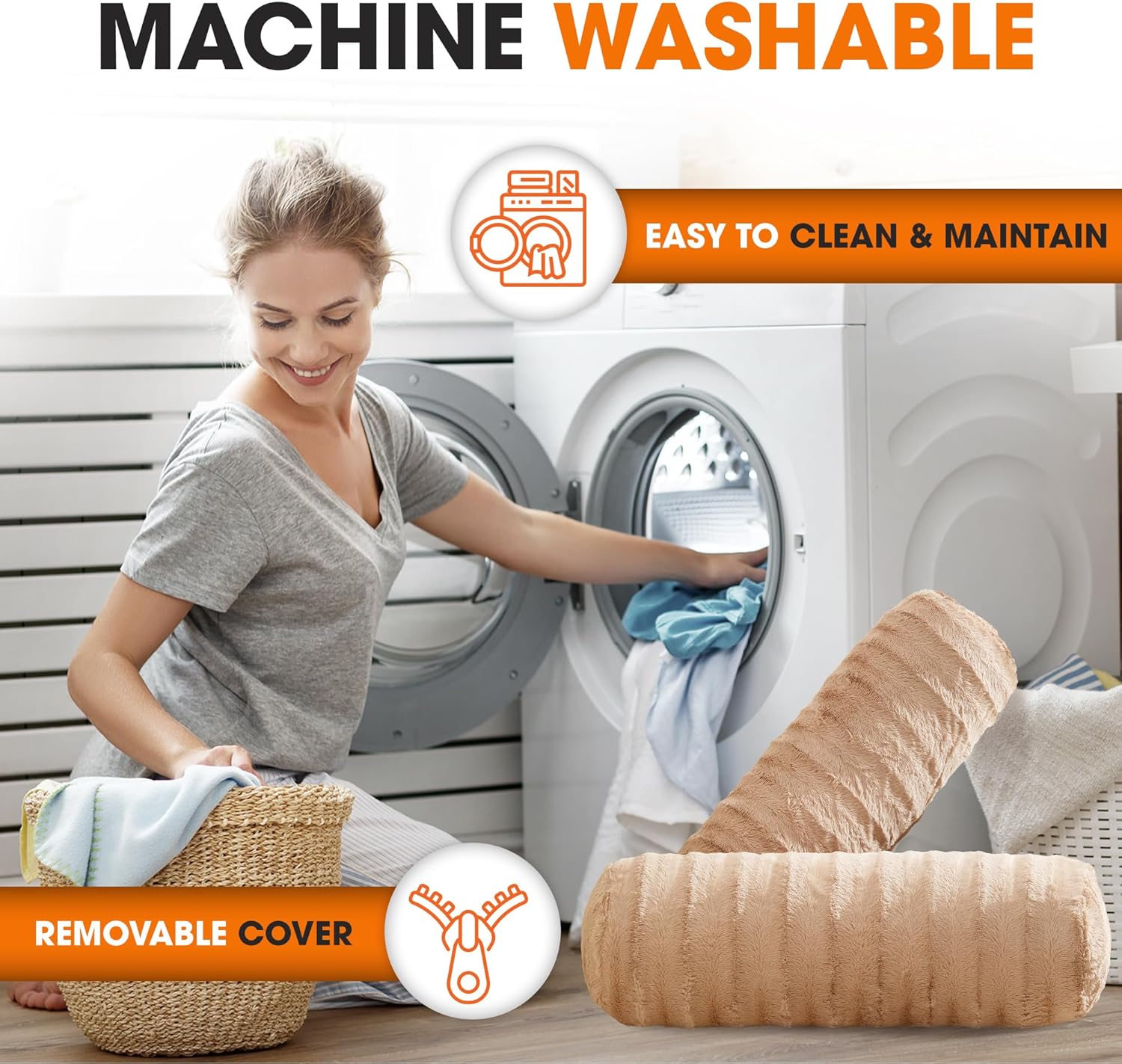 Cheer Collection Faux Fur Bolster Pillows – Soft Decorative Cylinder Pillows for Bed or Couch, Machine Washable – 8” x 24”, Set of 2, Sand