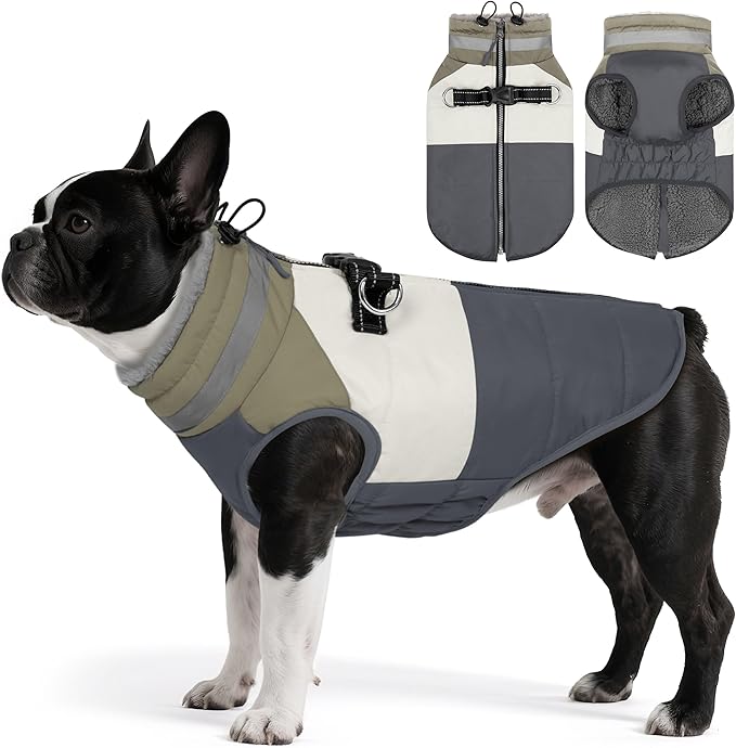Dog Coat, Waterproof Dog Winter Jacket with Harness Built in, Turtleneck Warm Doggie Cold Weather Coats, Reflective Pet Vest for Indoor & Outdoor, Windproof Dogs Snowsuit, Grey Large