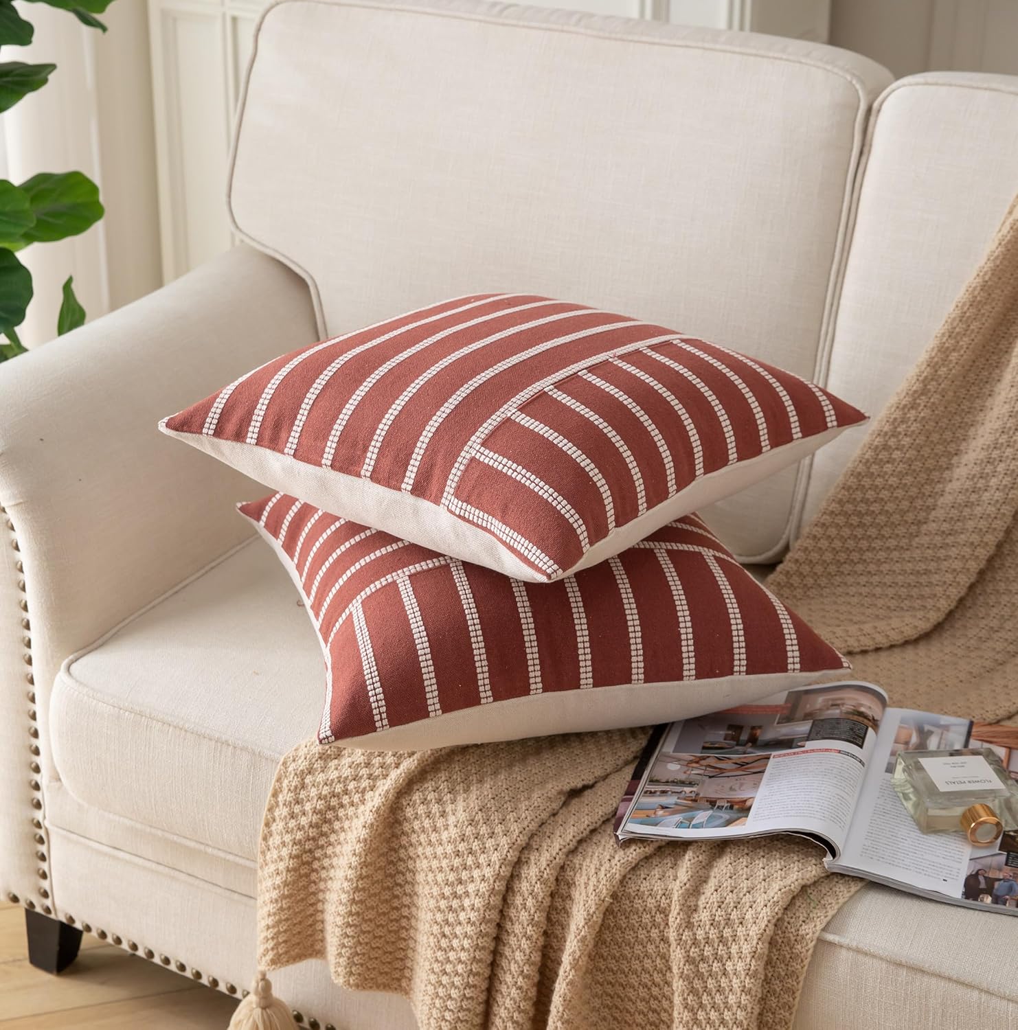 Caflife Boho Throw Pillow Covers 20x20 Set of 2 Soft Farmhouse Decorative Couch Pillow Cases Rust Striped Pillow Covers Neutral Cushion Covers for Sofa Bed Living Room Home Decor