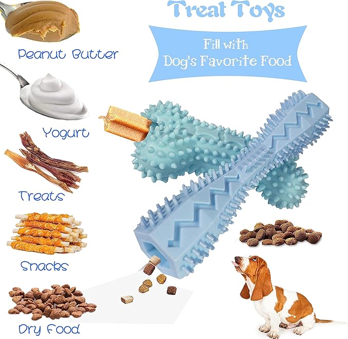 4 Pack Puppy Teething Toys 0-6 Months Dog Chew Toy Cute Rubber Bone,Teeth Clean Ball,Interactive Donut,Treat Dumbbell for Small Dogs(Blue)