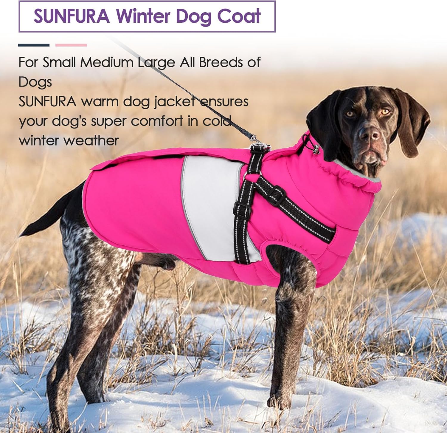 SUNFURA Dog Coat, XXL Dog Jacket Winter with Harness Built in, Waterproof Pet Snow Jacket with Furry Collar for Chilly Day, Reflective Fleece Snowsuit for Extra Large Dogs, Hot Pink 2XL