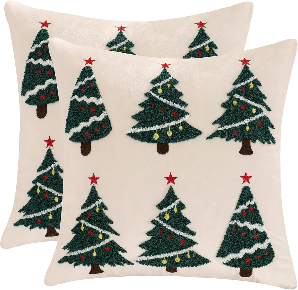 LUOYEHK Christmas Pillow Covers 18x18 Set of 2 Christmas Tree Decorative Beige Pillow Cases Winter Holiday Velvet Embroidered Cushion Covers for Couch Sofa Bed
