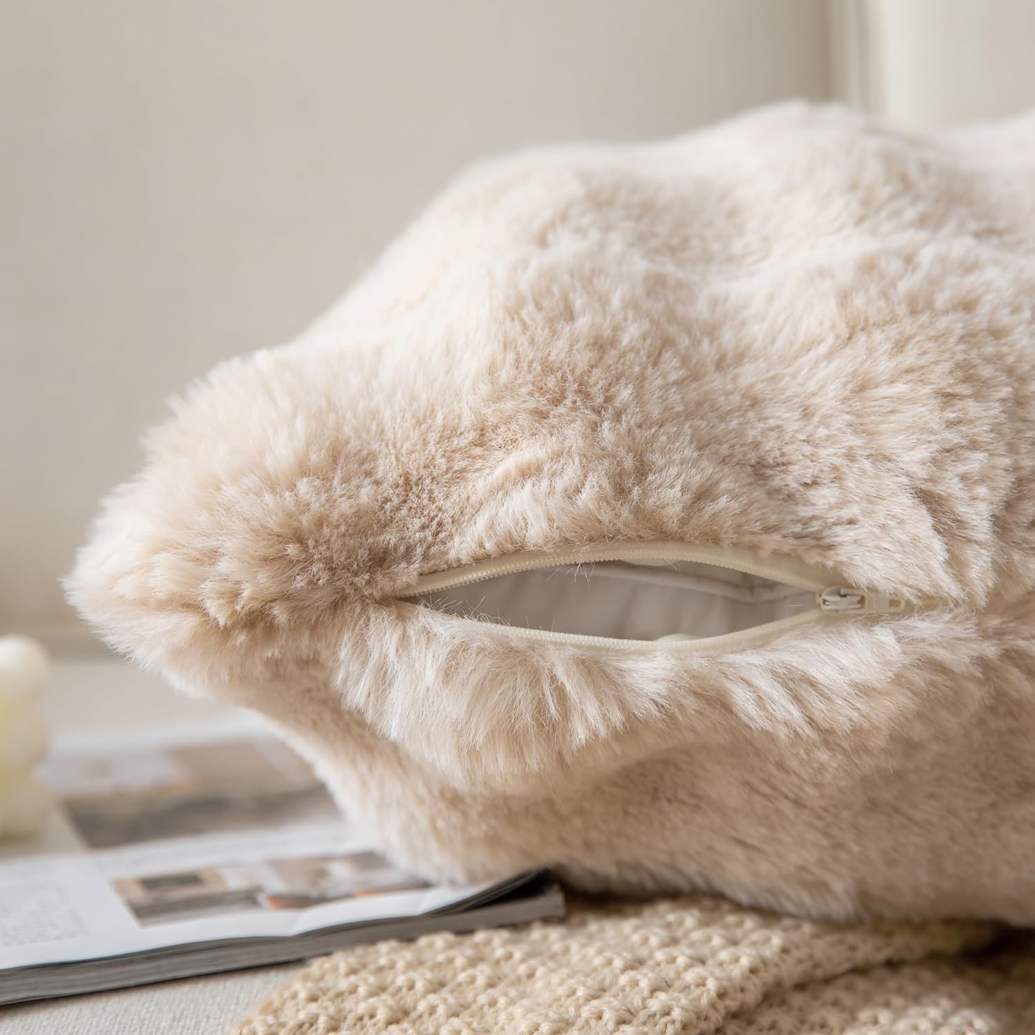 Pack of 2 Thick Plush Throw Pillow Covers Fluffy Wave Faux Fur Decorative Cushion Covers Soft Wool Pillowcase for Sofa Couch Livingroom 26x26 Inch Beige