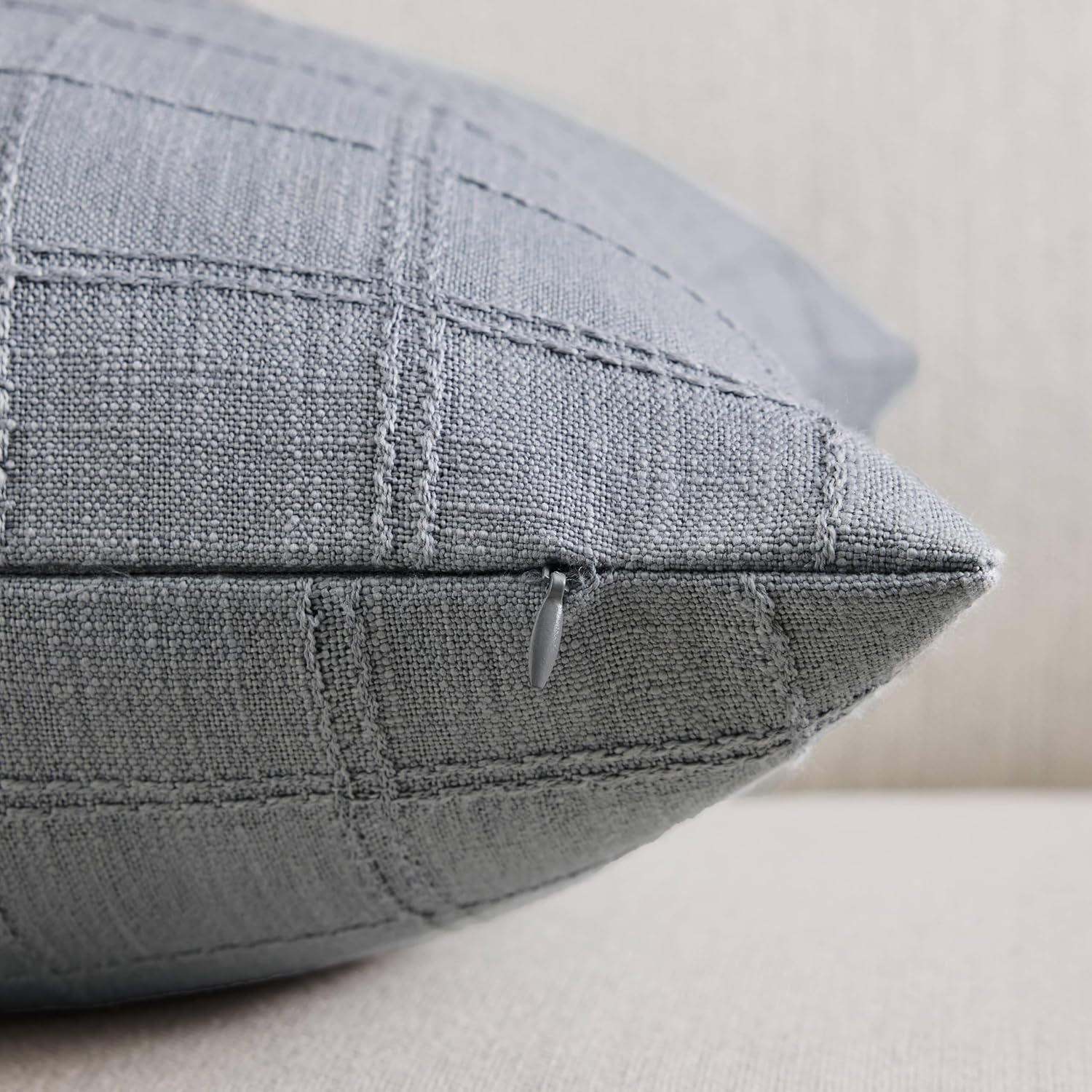 ZeeMart Linen Checked Throw Pillow Covers Set of 2, 16x16 Inch Allover Grid Blue Ashes, Farmhouse Decorative Double Sided Grid Embroidered Couch Pillow Cases Blue Cotton Linen Cushion Covers