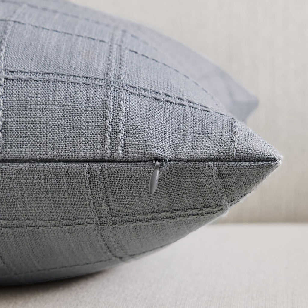 ZeeMart Linen Checked Lumbar Throw Pillow Covers Set of 2, 12x20 Inch Allover Grid Blue Ashes, Farmhouse Decorative Double Sided Grid Embroidered Couch Pillow Cases Blue Cotton Linen Cushion Covers