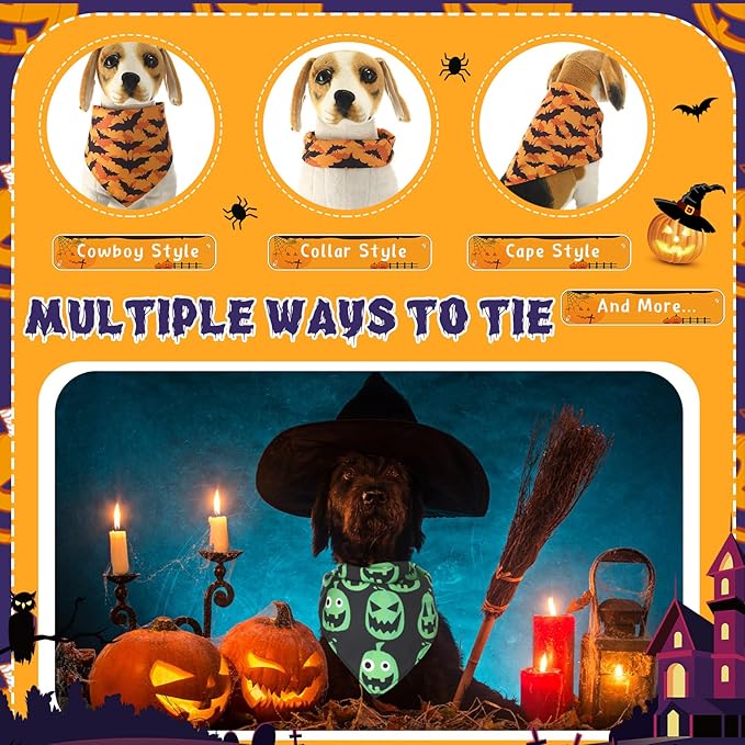 Abbylike 50 Pcs Dog Bandanas Bulk Pet Scarfs Triangle Bibs Adjustable Washable Puppy Kerchief Seasonal Pet Costume Accessories Grooming Supplies for Small Medium Large Dogs Cats (Halloween)