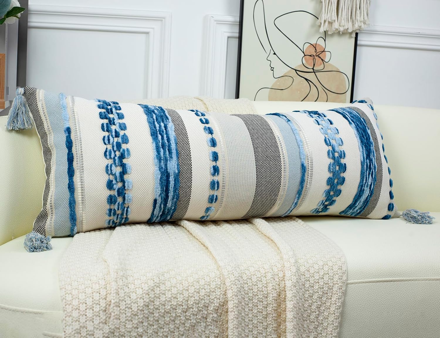 PANOD Boho Long Lumbar Throw Pillow Cover 16 x 36 Blue, Chenille Morocan Extra Long Pillow Case Cover, Decorative Long Pillow for Bed Couch Sofa Farmhouse