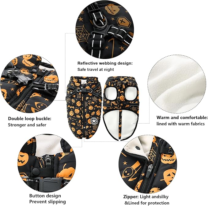 Aiboria Winter Dog Coat Windproof Fleece Jacket with Chest Strap Dog Vest Harness Halloween Black XL